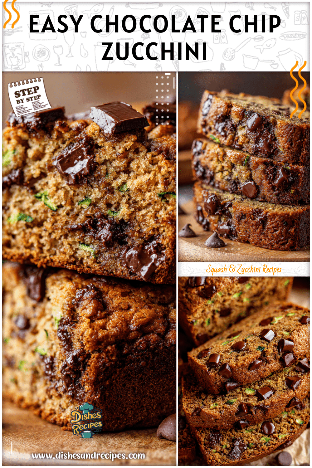 Moist chocolate chip zucchini bread slices with melted chocolate chunks on top.